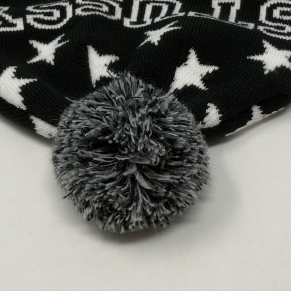 Stussy Star Pattern Knit Pom Cuffed Beanie Black Grey White Unisex OSFM EUC - Picture 3 of 9